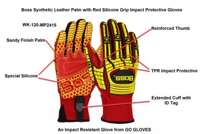 Boss Synthetic Leather Palm with Red Silicone Grip Impact Protective Gloves #2