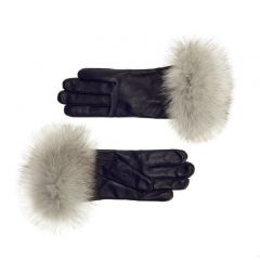Women's Cashmere Lined Leather Gloves with White Fox Cuff